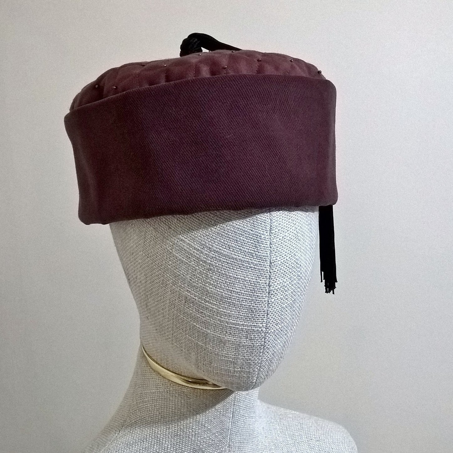 Beaded Smoking Cap in Maroon with Black Tassel