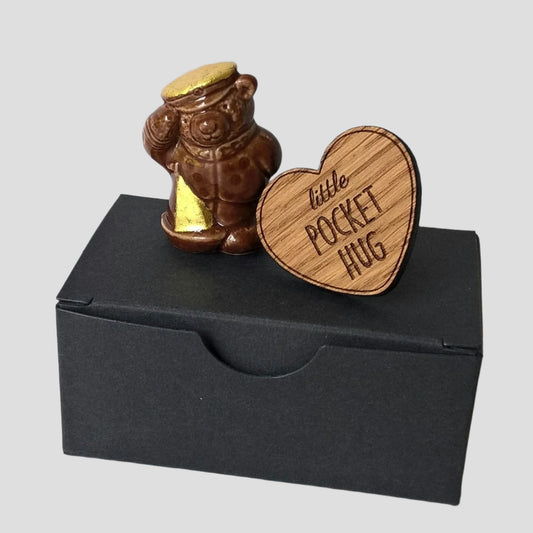 miniature ceramic bear embellished with pure gold leaf and wooden heart pocket hug 