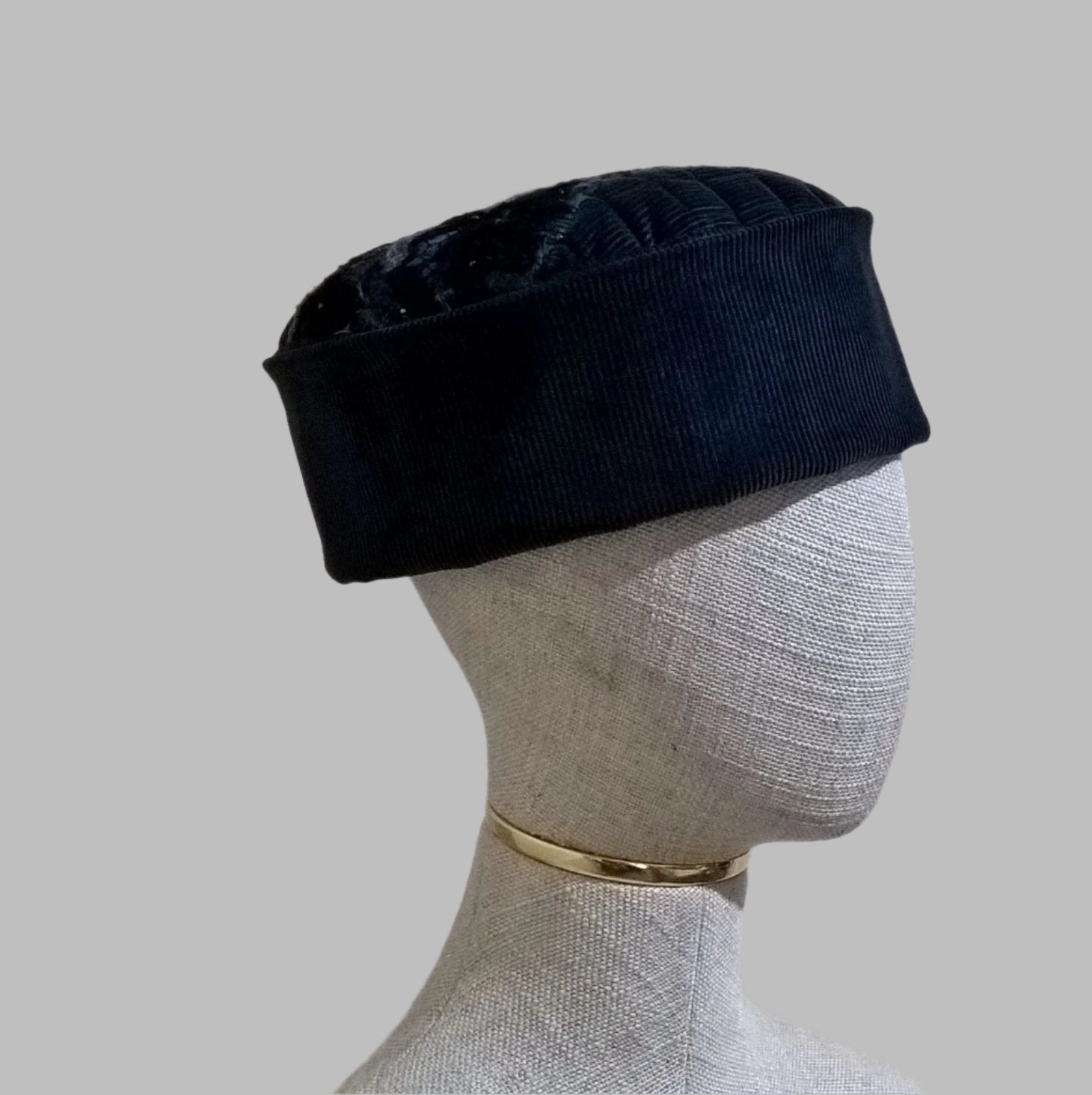 Brimless skull cap handmade in cyan blue corduroy and embellished with nuno felting