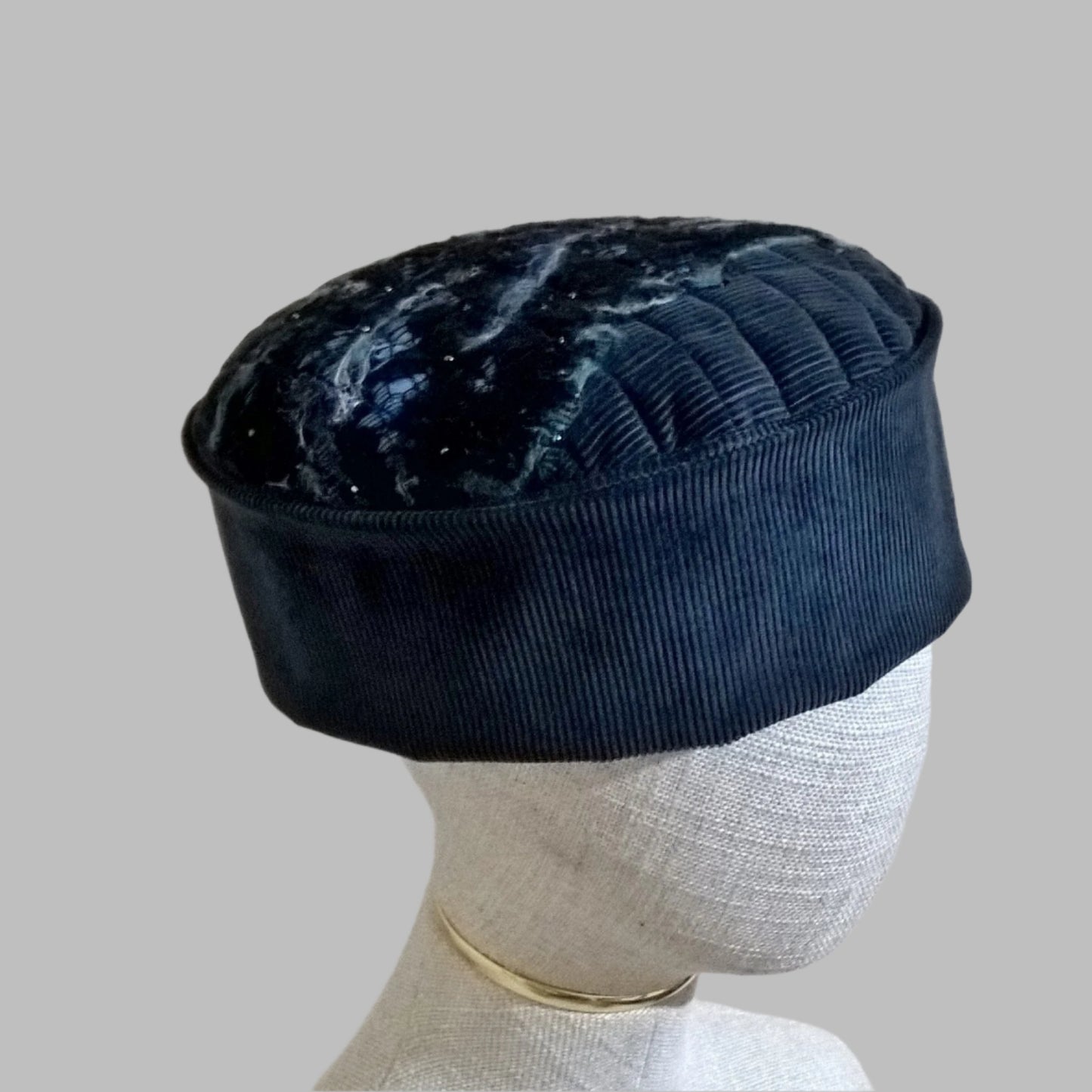 Cyan blue corduroy smoking cap with nuno felting detail