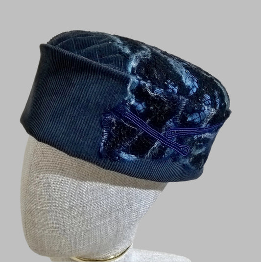 Cyan blue corduroy brimless cap with nuno felting and beading