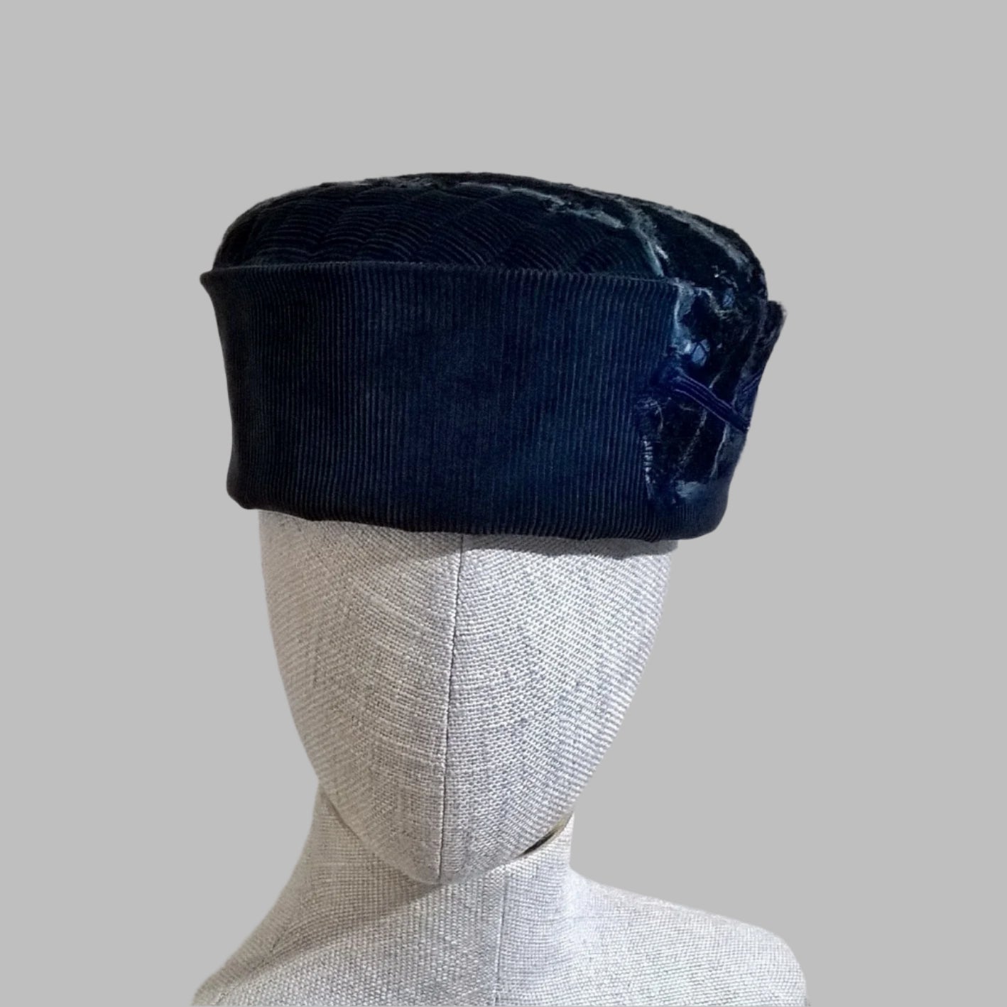 Dark cyan blue corduroy smoking cap embellished with nuno felting