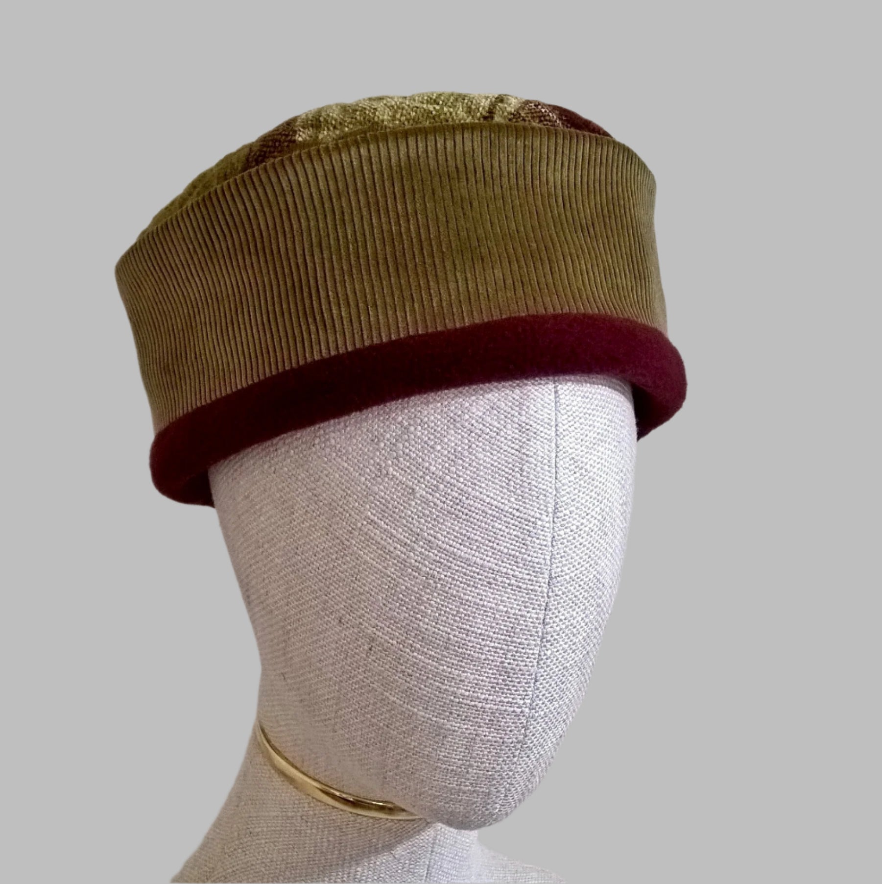 Check Chenille Pillbox Hat handmade in olive green corduroy  with  burgundy fleece lining