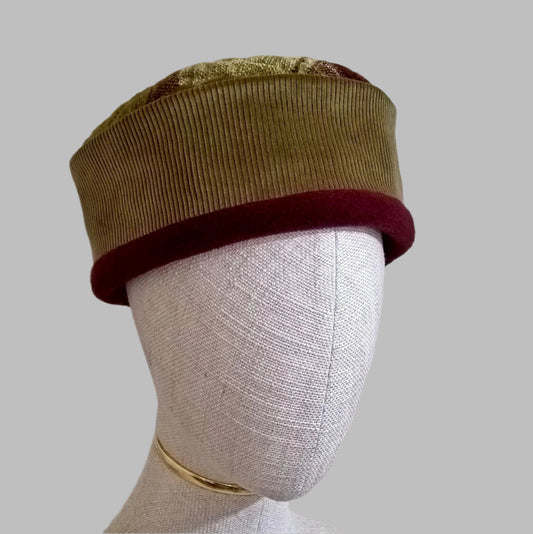 Check Chenille Pillbox Hat handmade in olive green corduroy  with  burgundy fleece lining