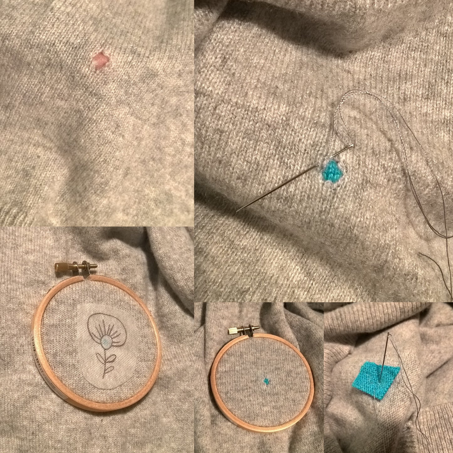 Collage of photos showing how a hole in a cashmere sweater was patched with cashmere  before adding a stick and stitch patch ready for embroidery