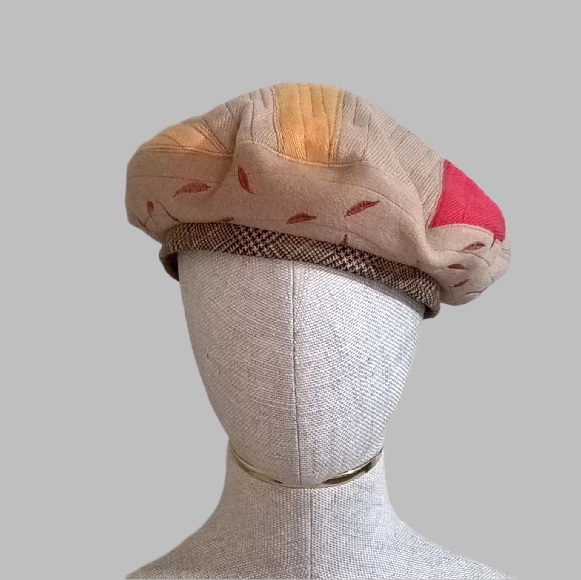 Embroidered patchwork beret handmade from upcycled cashmere and wool