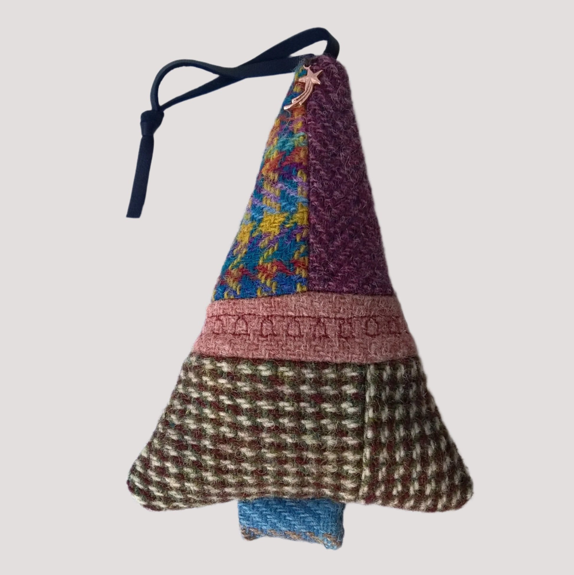 Patchwork hanging tree decoration made from 100% wool, with Harris tweed