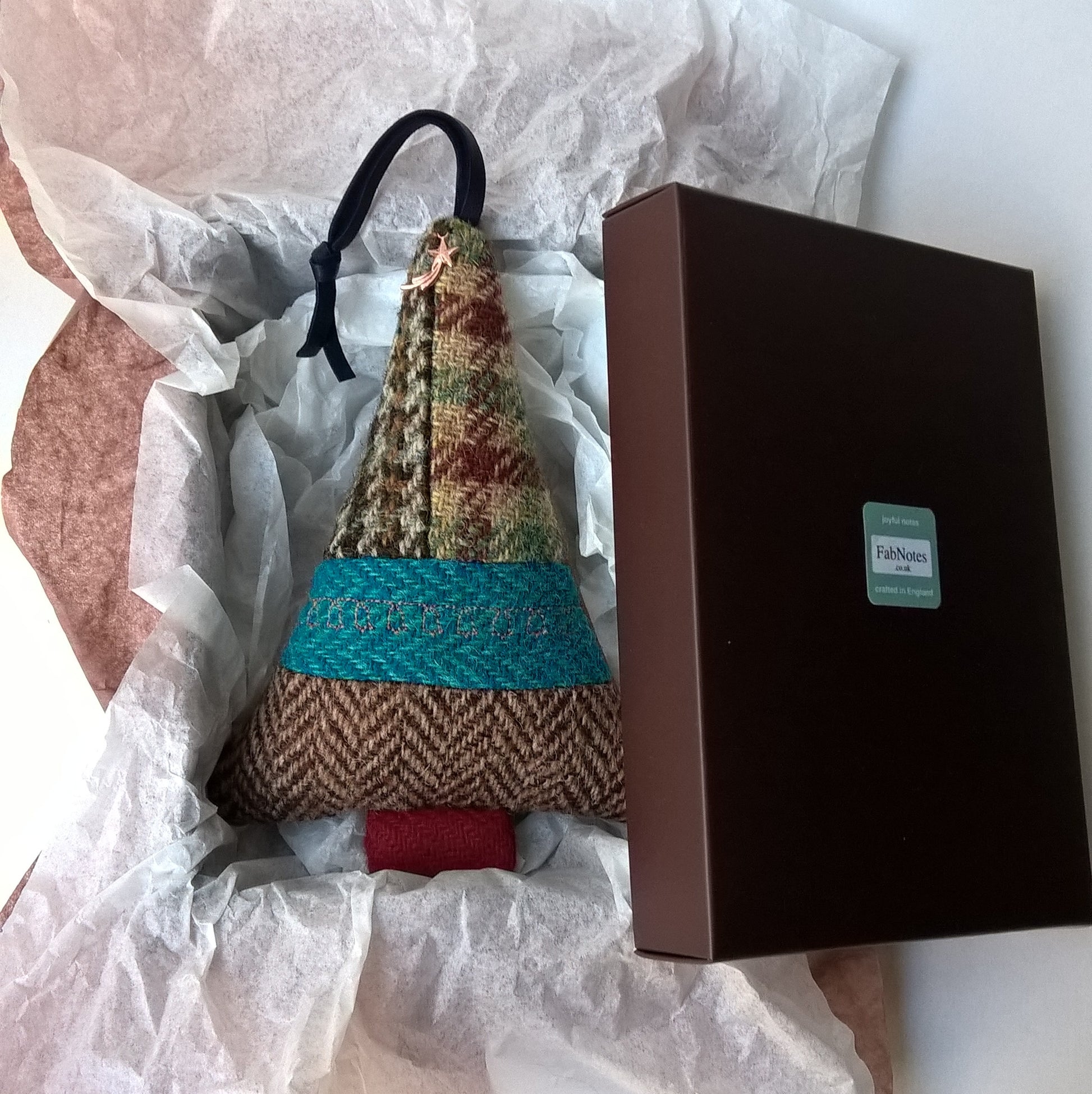 Harris Tweed tree ornament boxed and ready for gifting