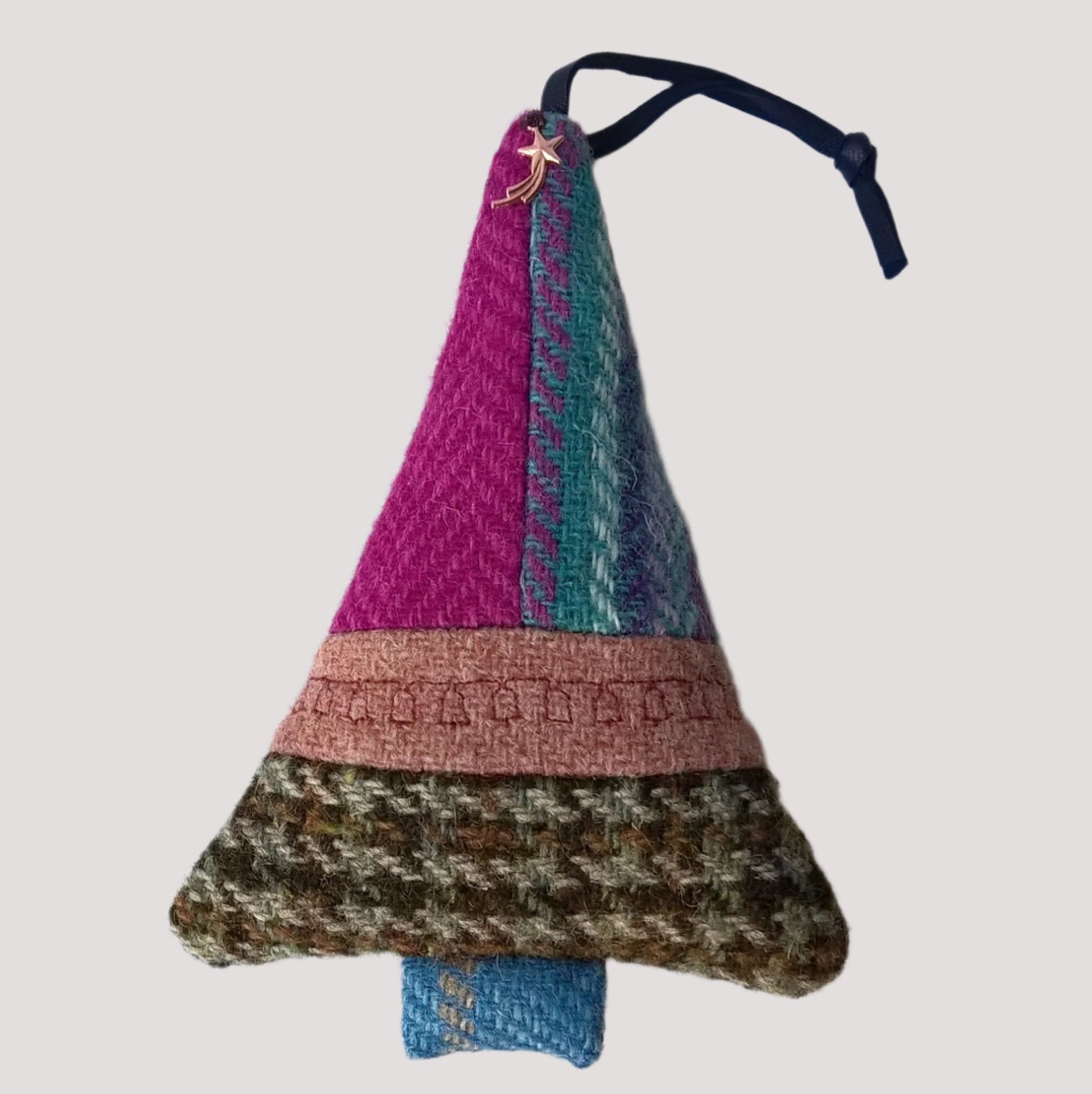 Patchwork multi coloured Harris Tweed hanging tree ornament  handmade