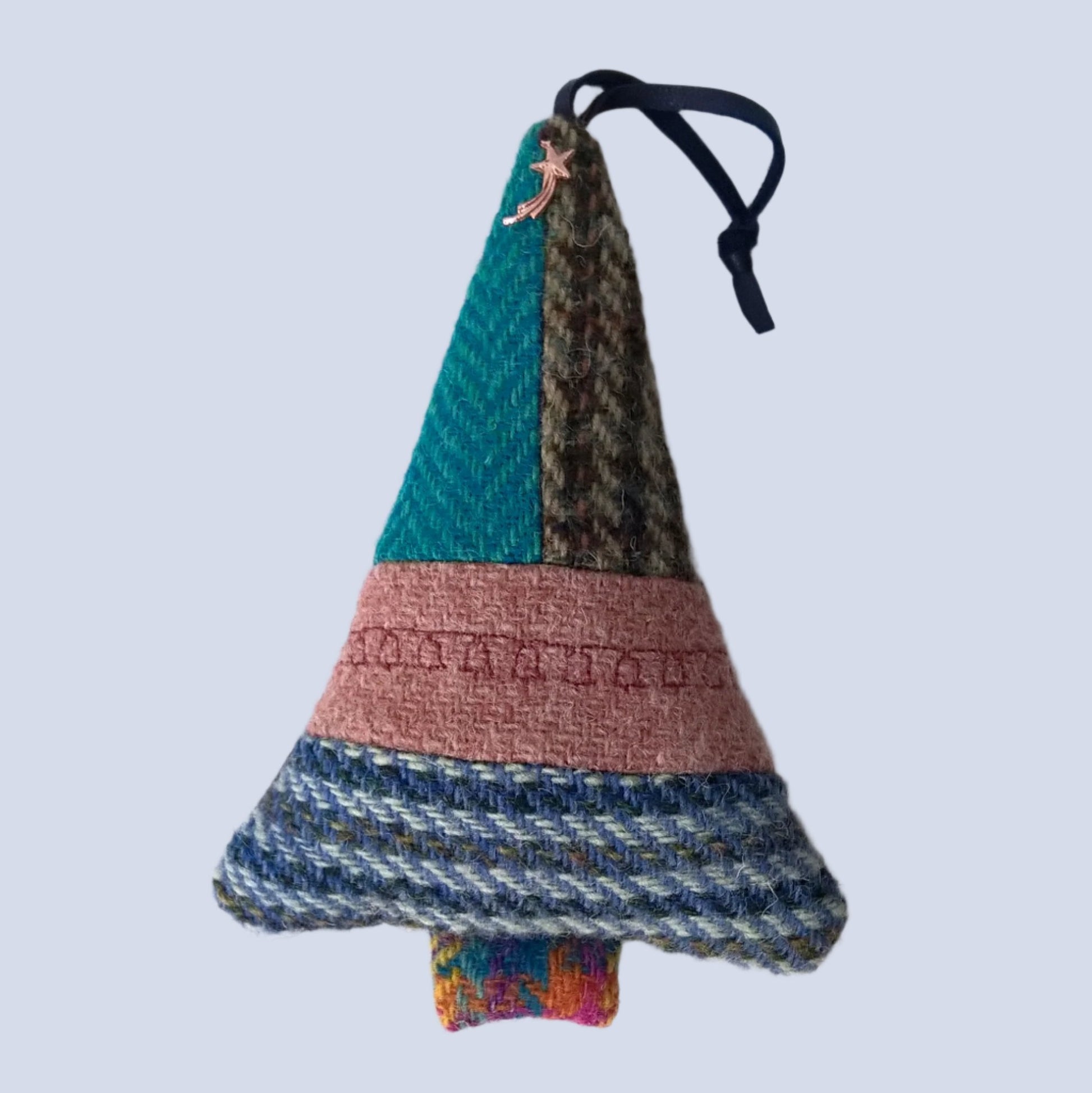 Harris Tweed multi coloured tree ornament with bells embroidered across the centre. 