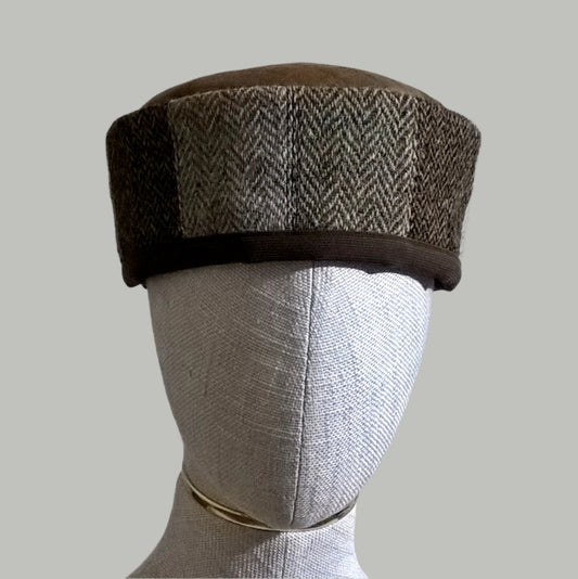 Brown Harris Tweed wool patchwork pillbox smoking cap with cashmere  lining
