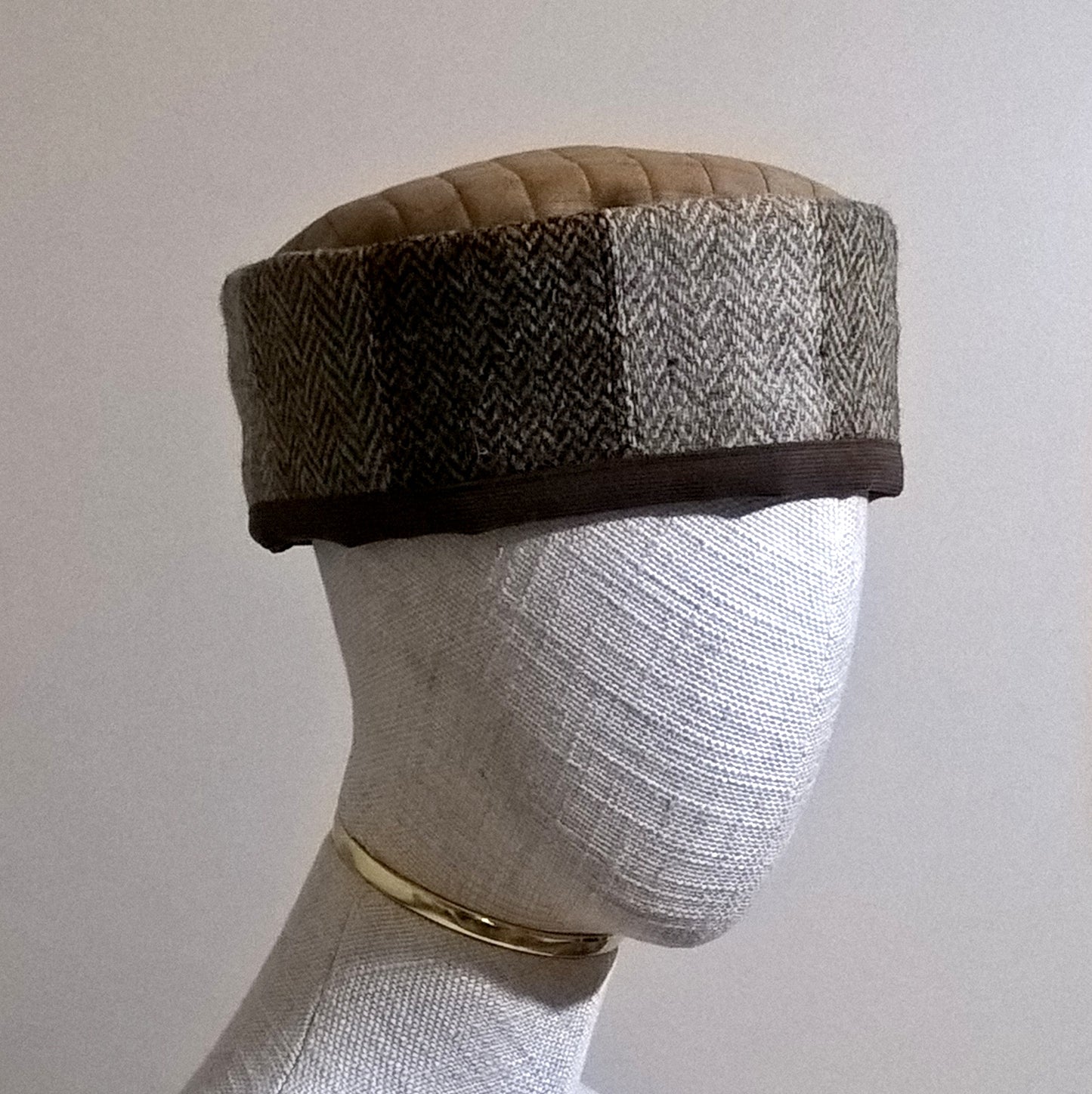 Harris Tweed wool pillbox smoking hat in patchwork design with cashmere lining