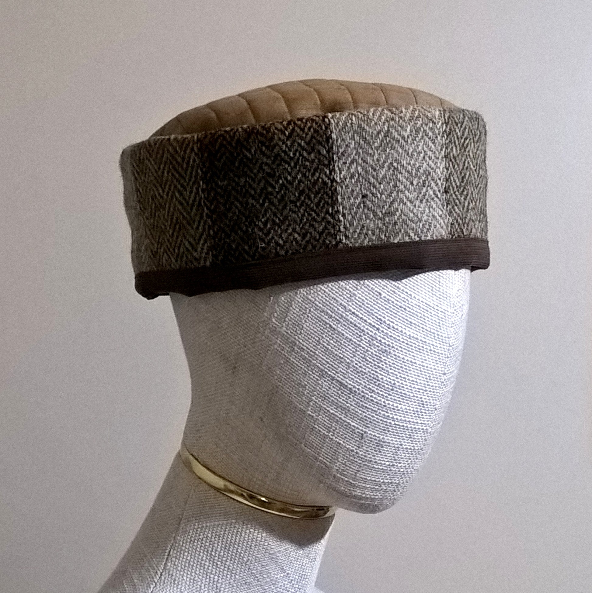 Harris Tweed wool pillbox smoking hat in patchwork design with cashmere lining