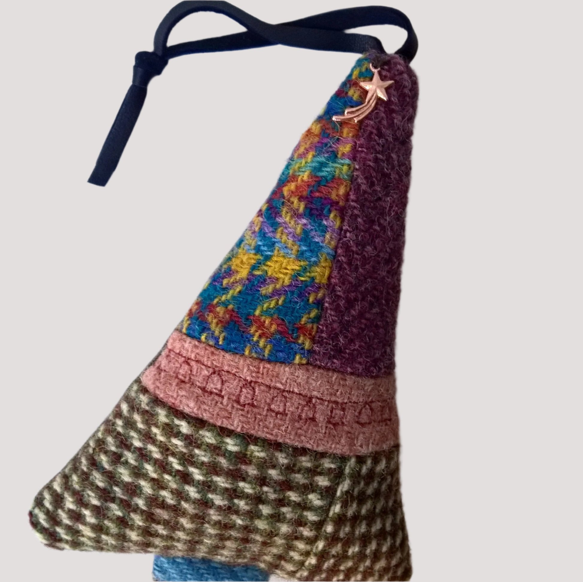 Patchwork tree ornament handmade with fie different Harris tweeds and machine embroidered bells
