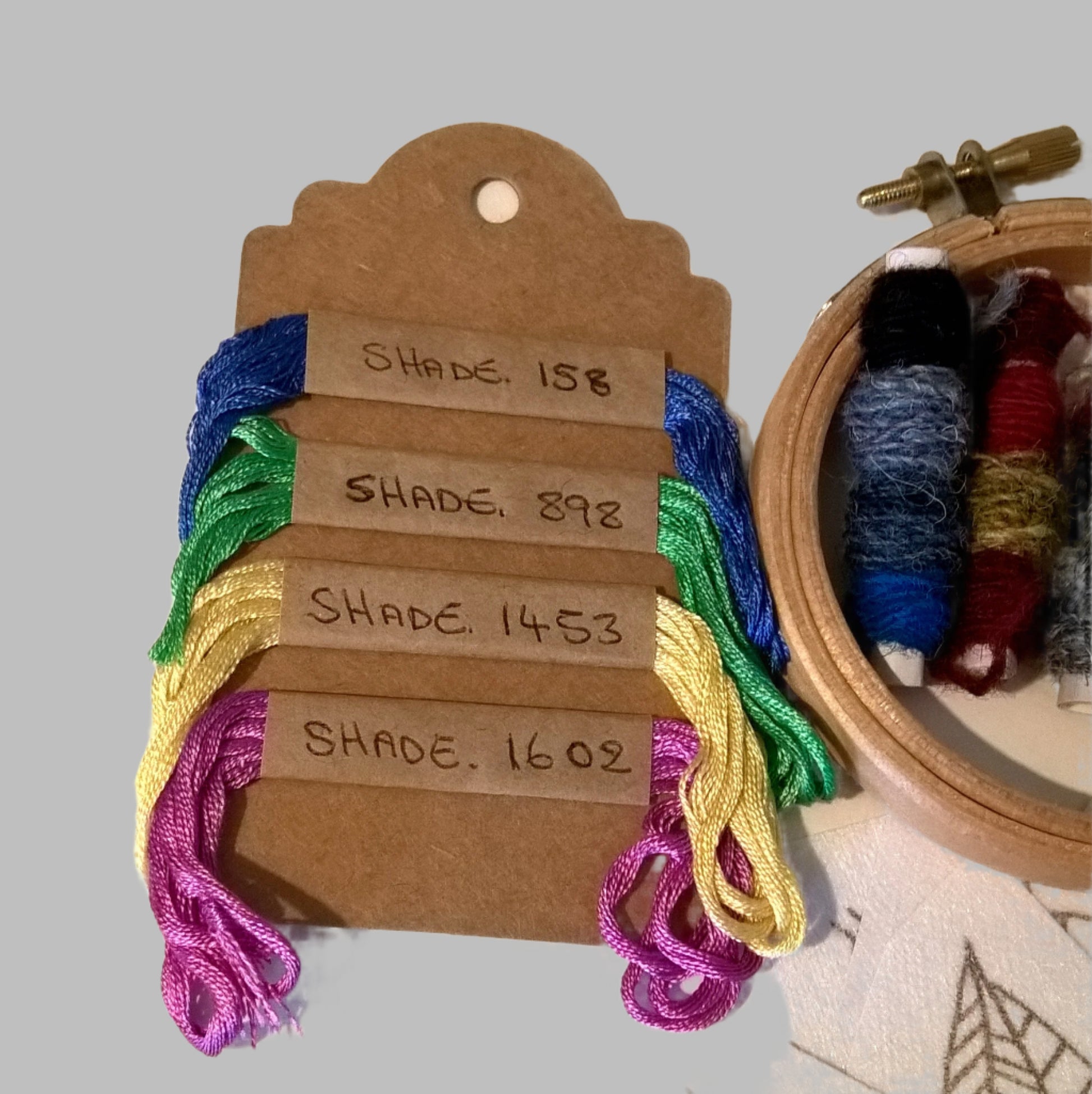 Pure silk vintage embroidery thread in blue, green, yellow and pink shades