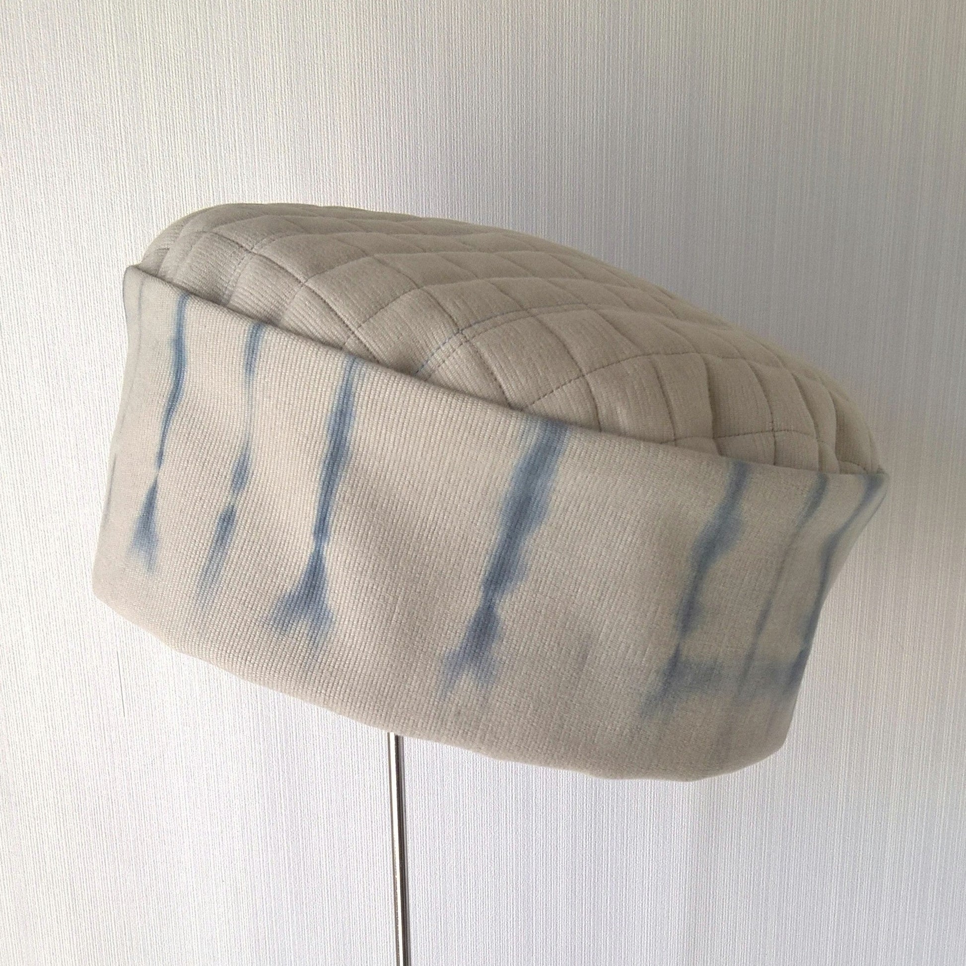 Putty coloured bedford cord cap with blue shibori tie dye crown