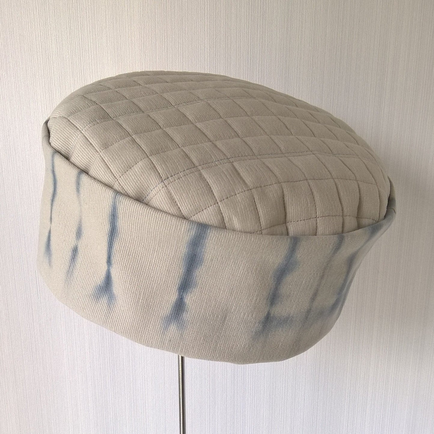 Putty Bedford cord hat with blue shibori tie dye crown
