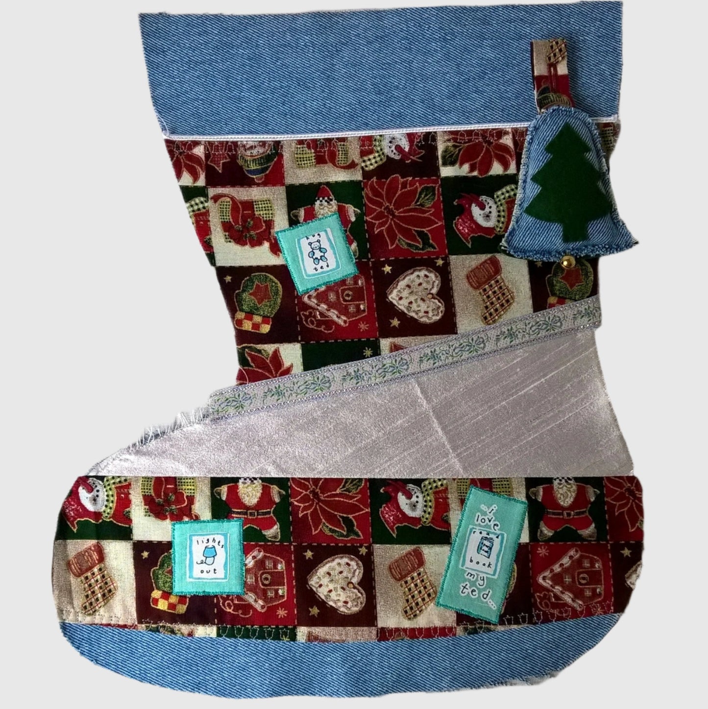 Stonewash Christmas stocking with teddy motifs