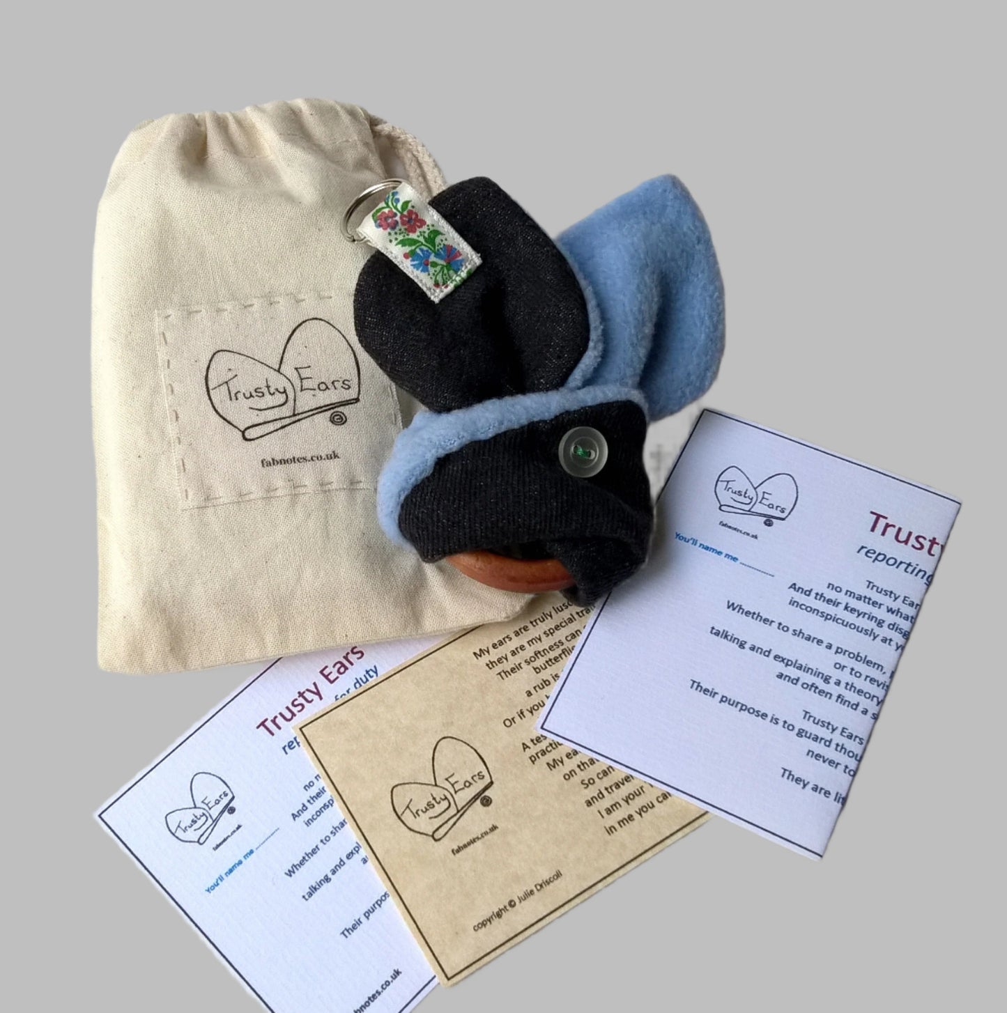 Trusty bunny ears keychain with cotton branded bag and poem of introduction