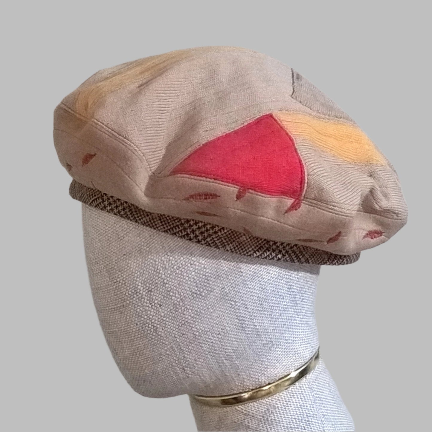 Fawn beret with colour splashes of red and yellow, handmade from upcycled cashmere