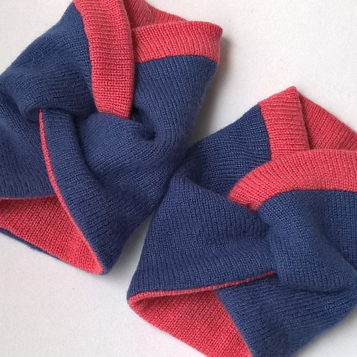 Up-cycled cashmere pulse point warmer cuffs handmade in deep blue and vibrant pink