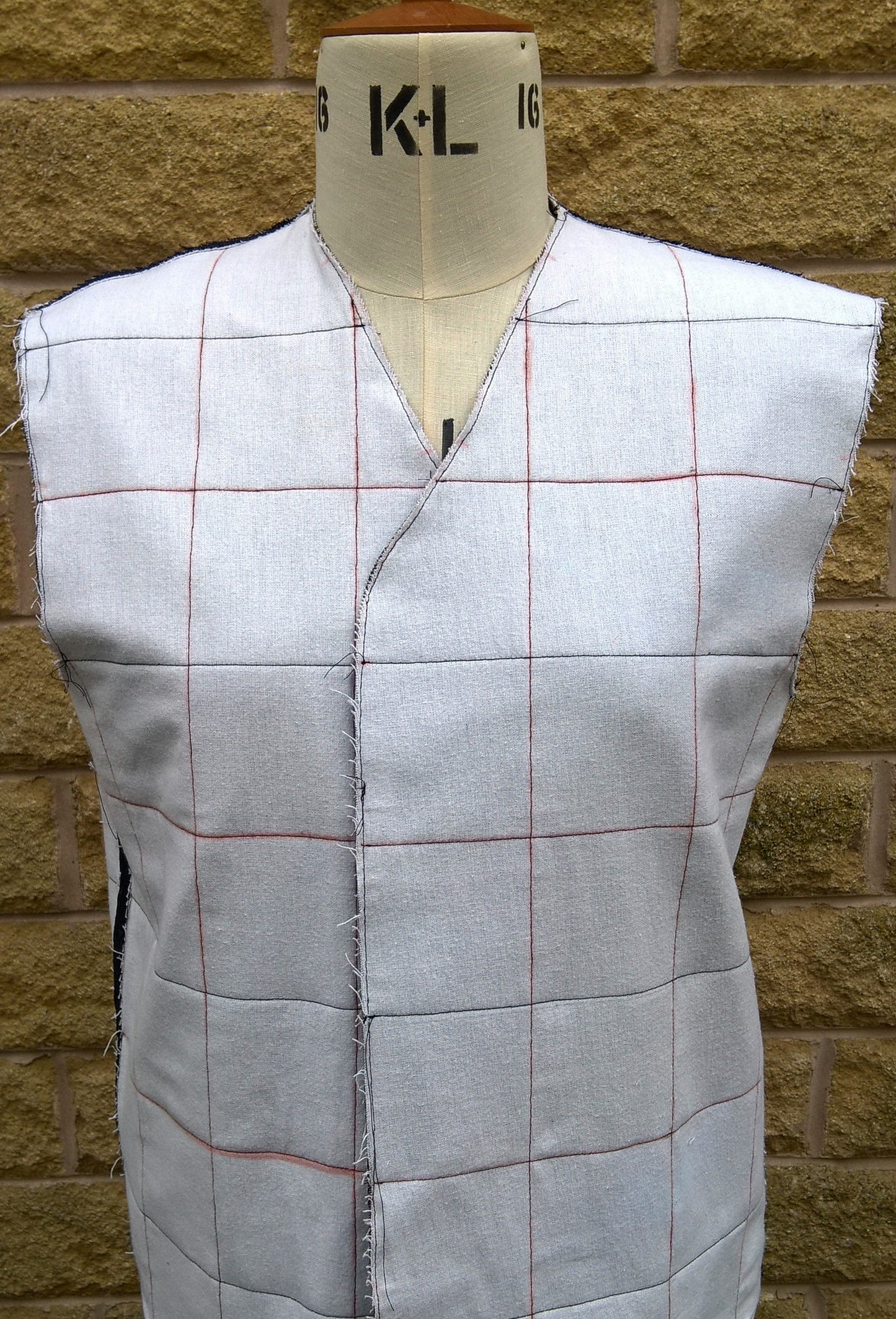 Quilted Gilet in Black denim with blue fleece lining