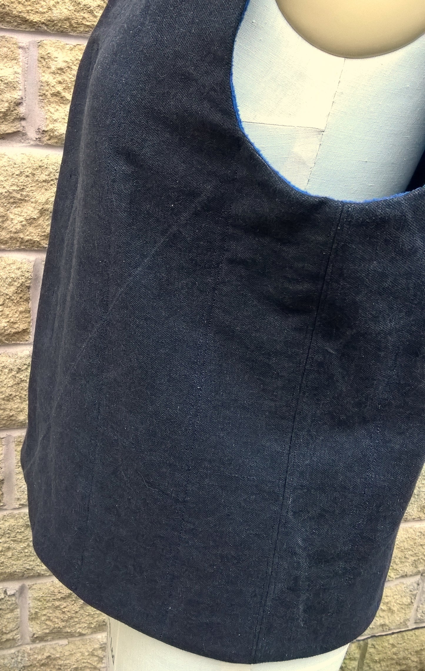 Quilted Gilet in Black denim with blue fleece lining