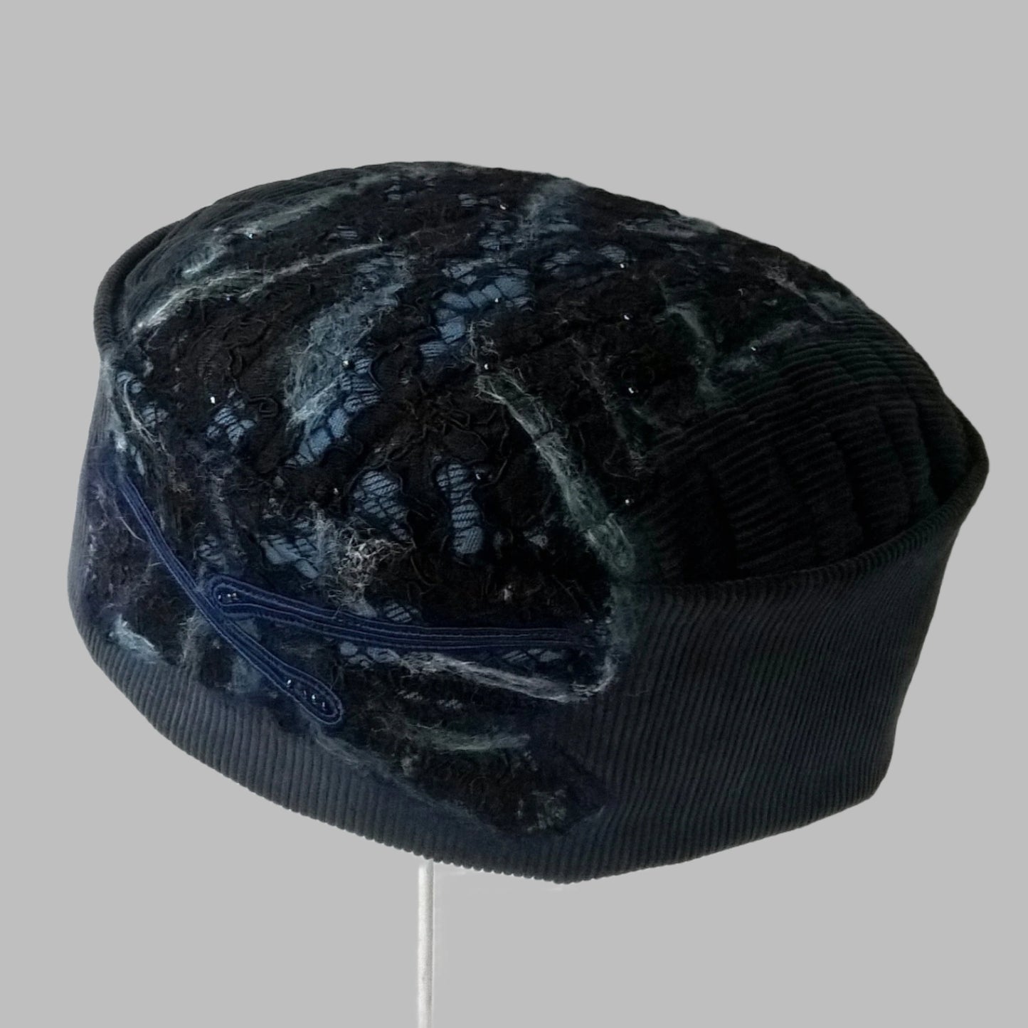 Blue corduroy smoking cap with nuno felting detail to tip and crown