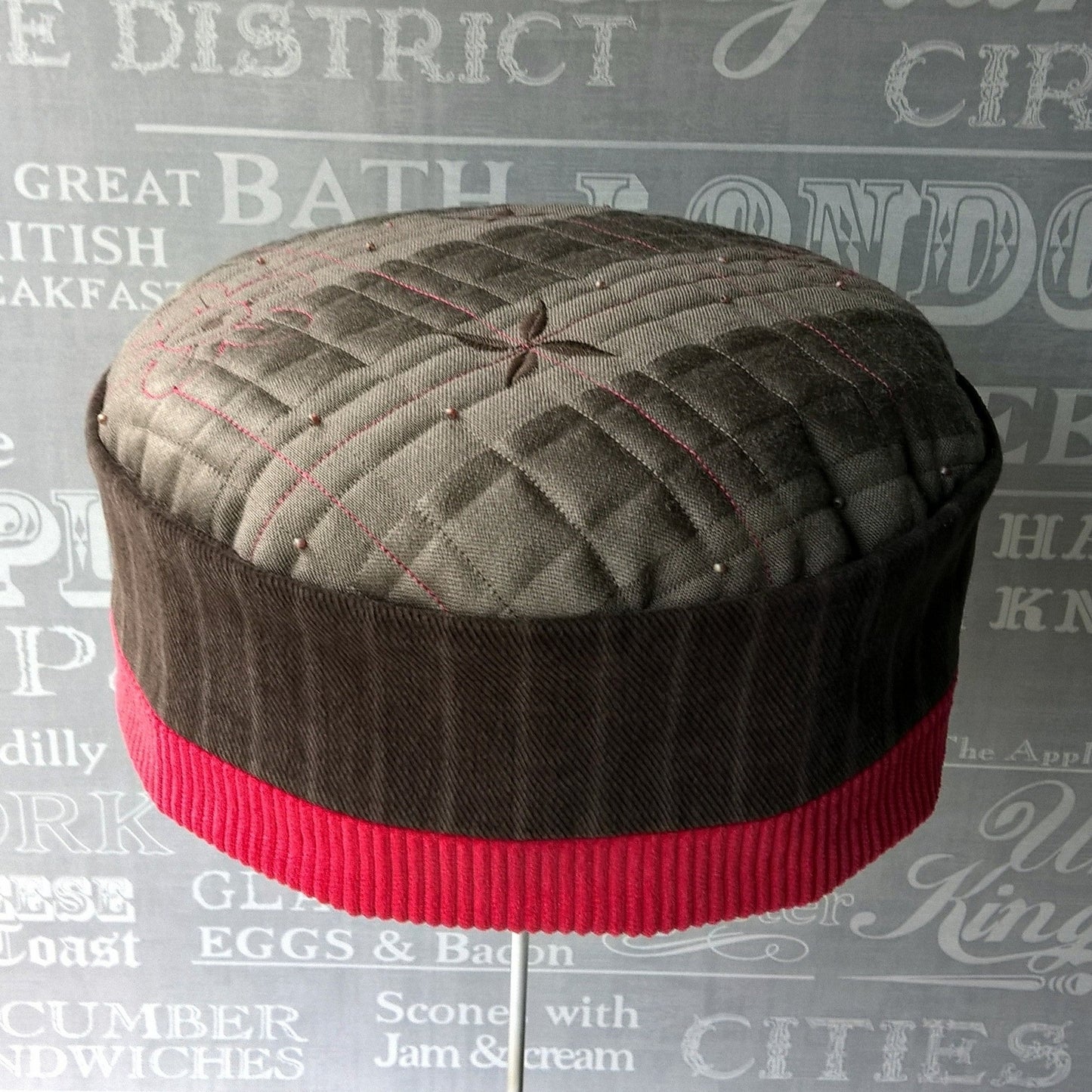 Brown and red ethnic style smoking cap with  embroidery and beading
