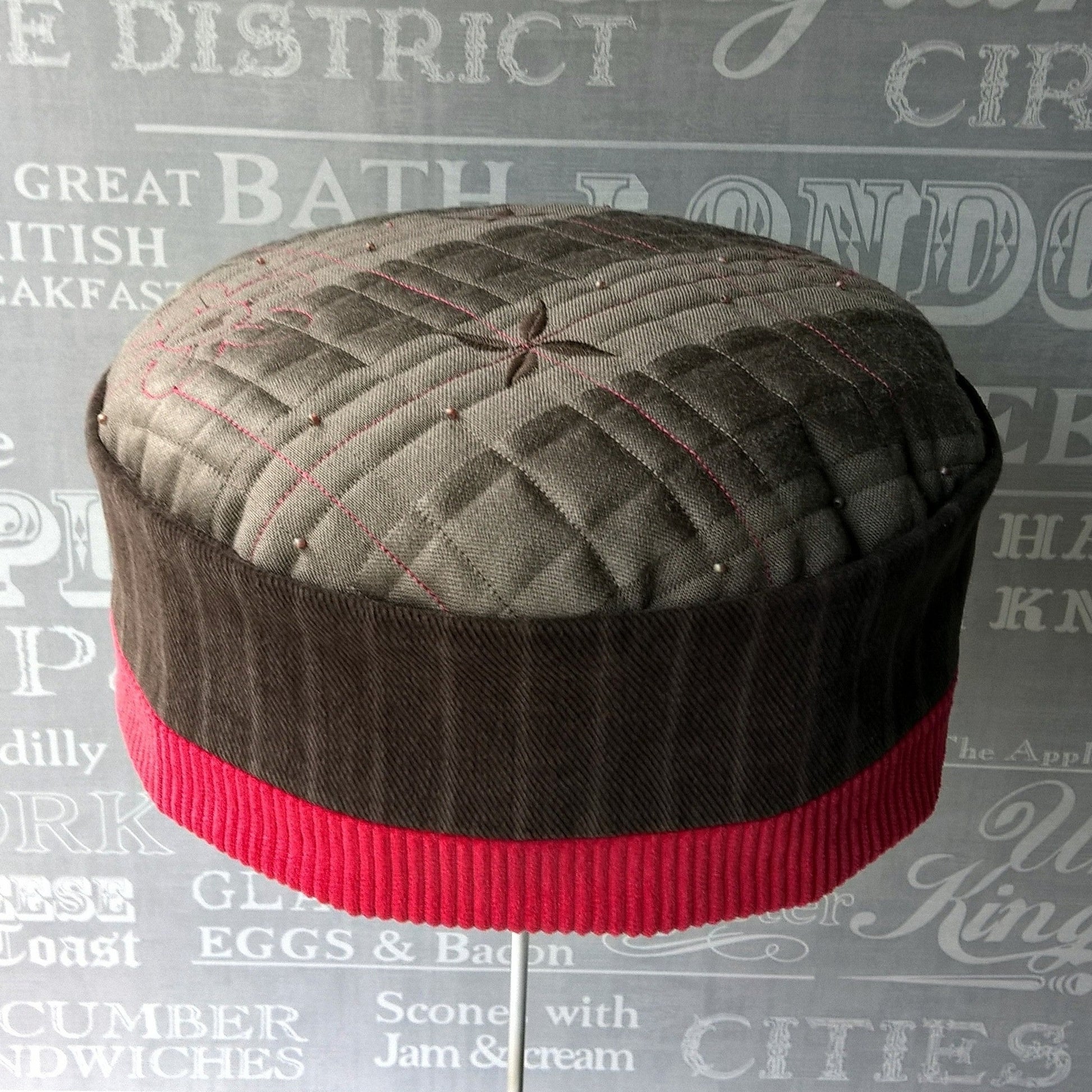Brown and red ethnic style smoking cap with  embroidery and beading