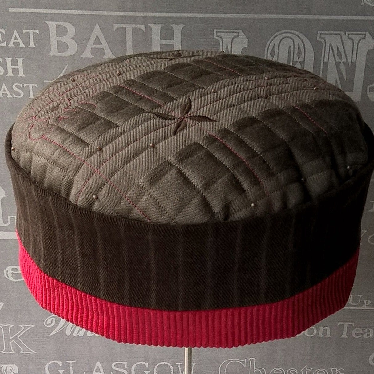 ethnic brown stripe smoking cap with embroidery, quilting and beading