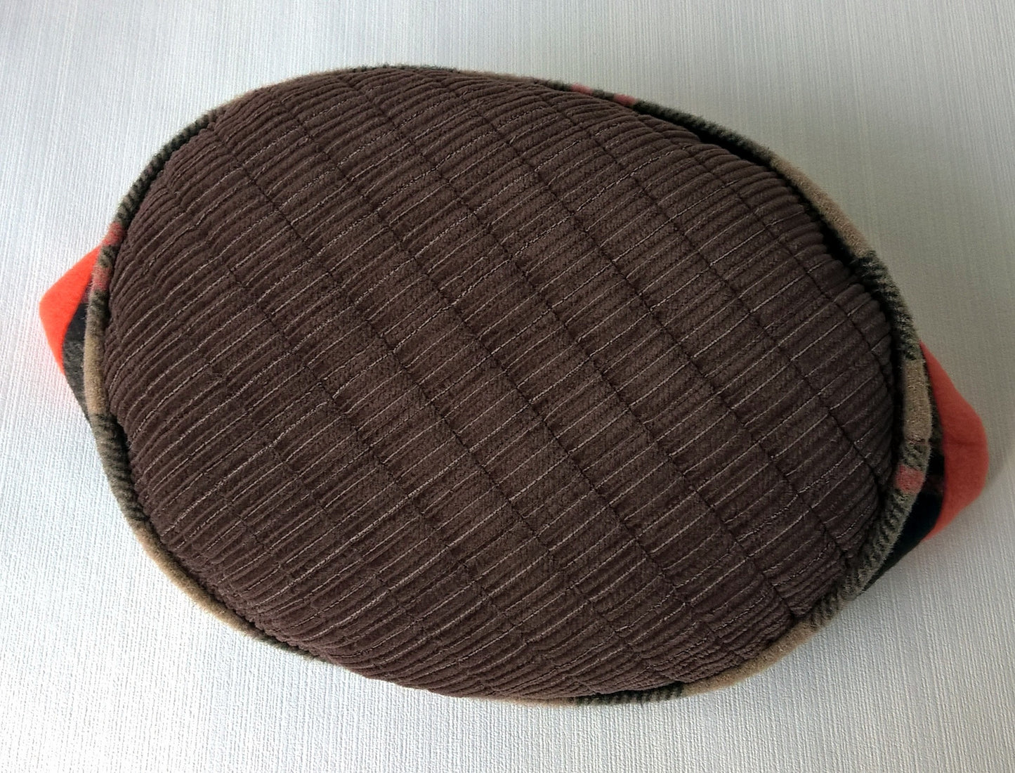 Brown and orange check fleece hat with cotton corduroy tip