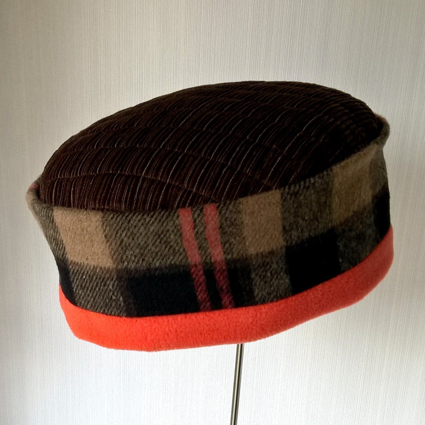 Fleece and corduroy handmade pillbox cap