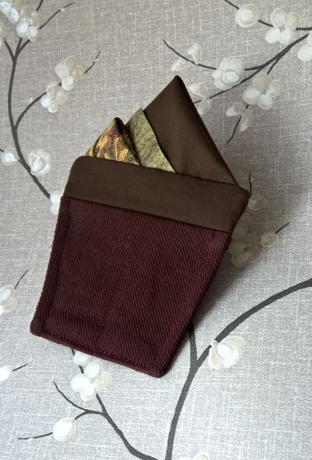 Brown and Gold Pre Folded Pocket Square, Mens Wedding Suit Handkerchief