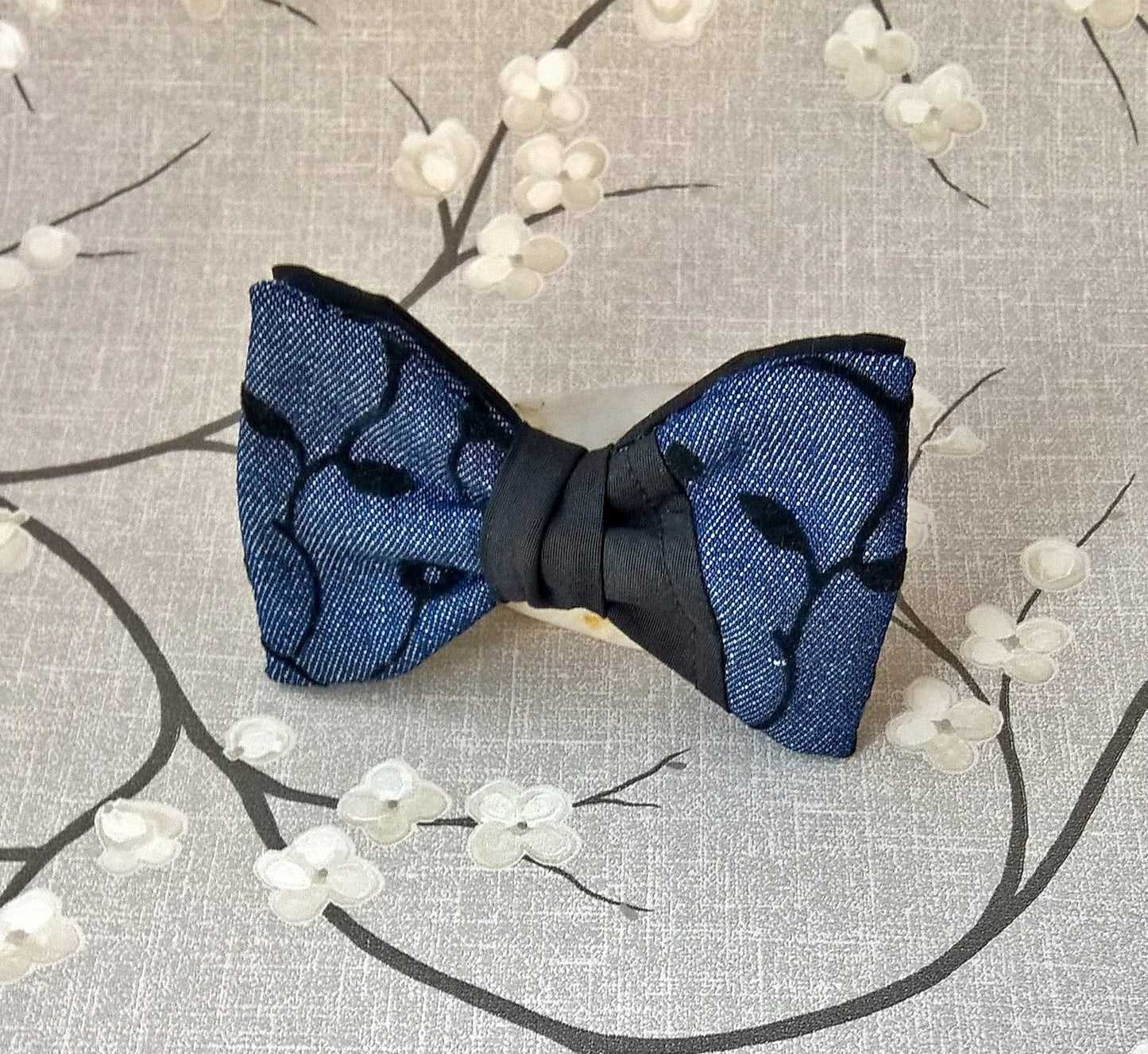 Clip On Tuxedo Bow Tie in Denim Blue Black, 1930s Style Cotton Anniversary