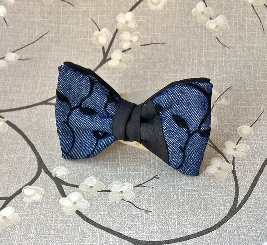 Clip On Tuxedo Bow Tie in Denim Blue Black, 1930s Style Cotton Anniversary