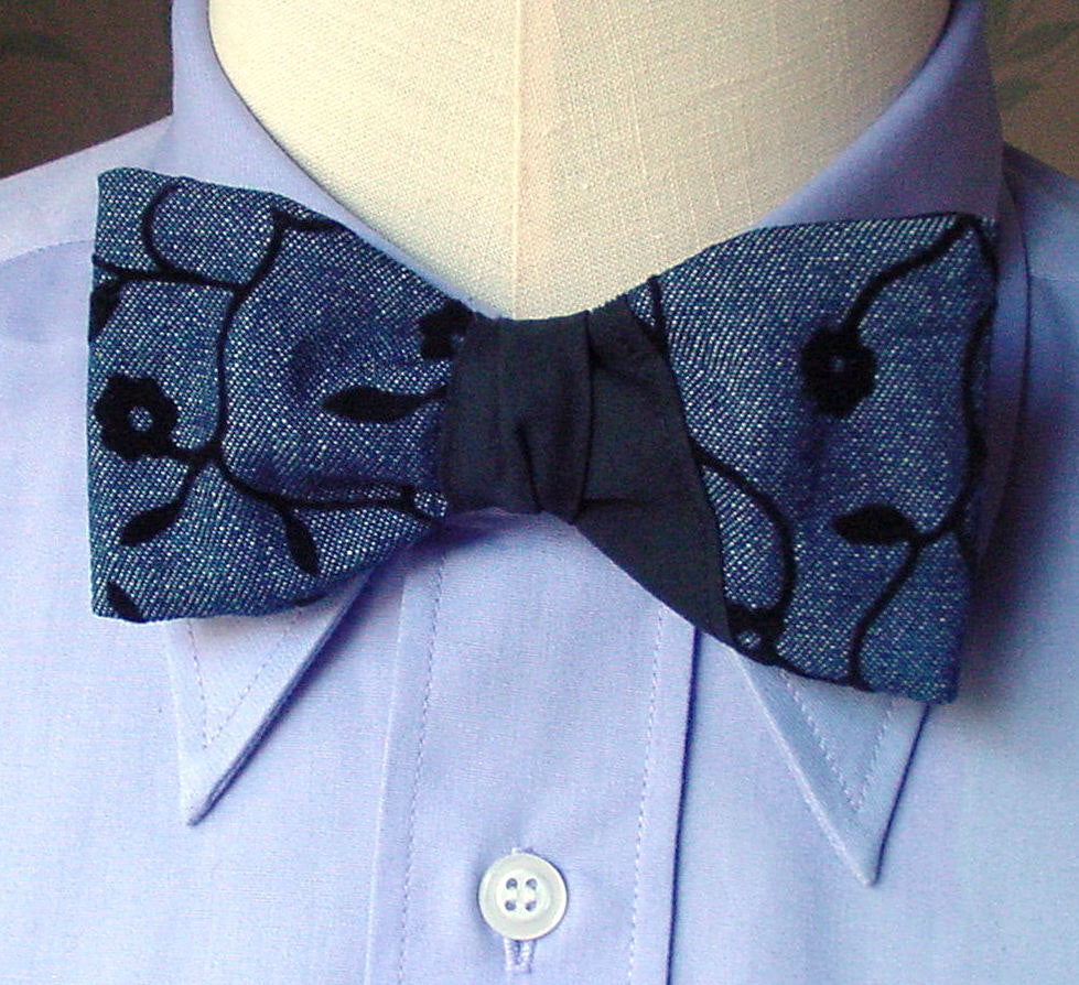 Clip On Tuxedo Bow Tie in Denim Blue Black, 1930s Style Cotton Anniversary