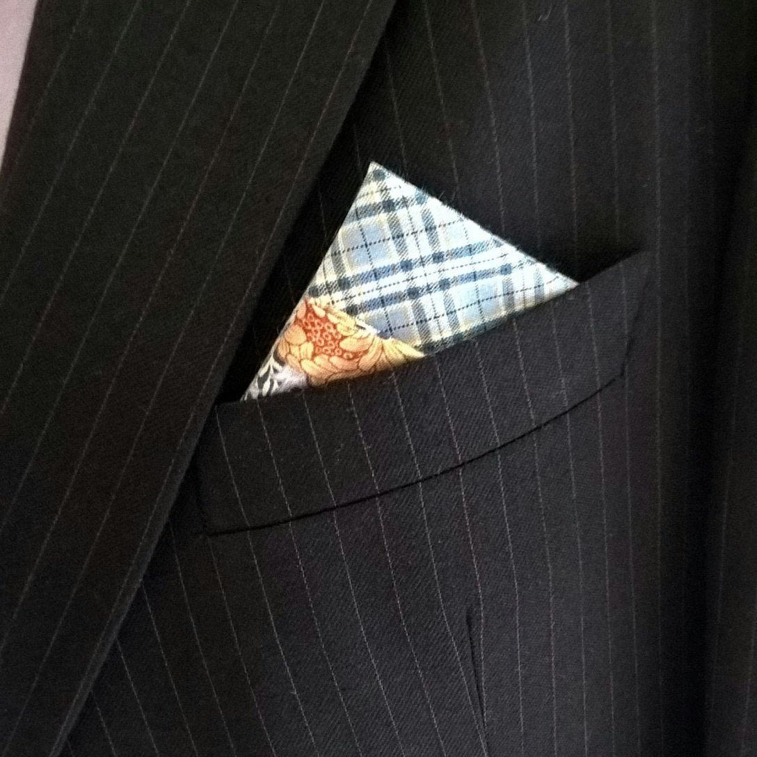 Pre Folded Pocket Square blue check with vintage floral