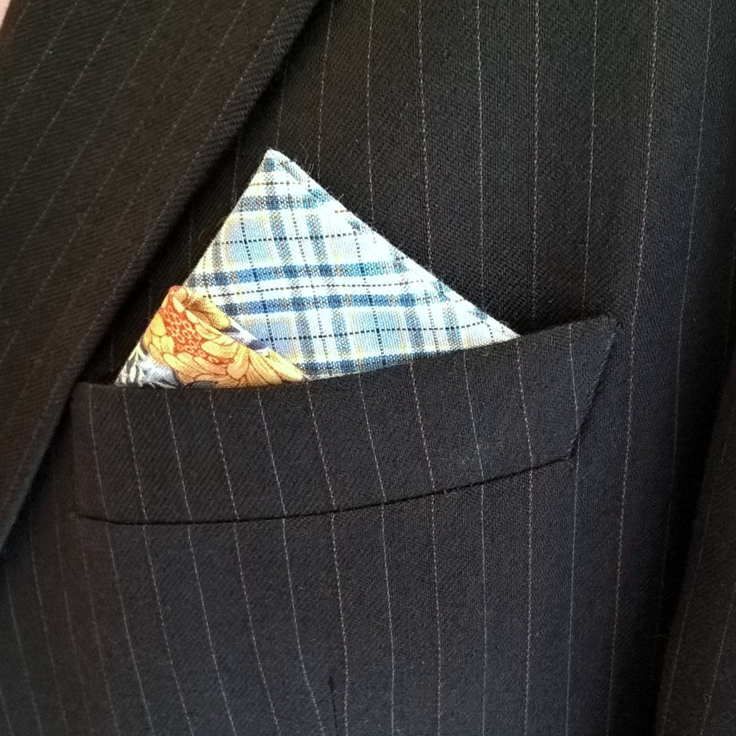 Pre Folded Pocket Square blue check with vintage floral