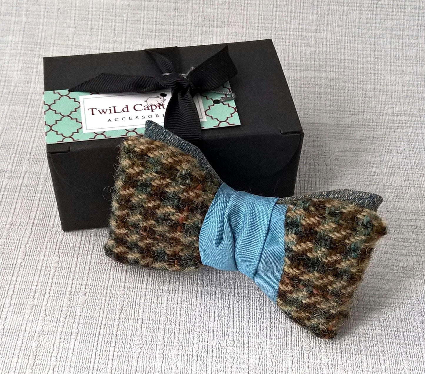 Asymmetrical Clip On Bowtie in Blue Wool Silk, Mens Retro 1950s Style Fashion