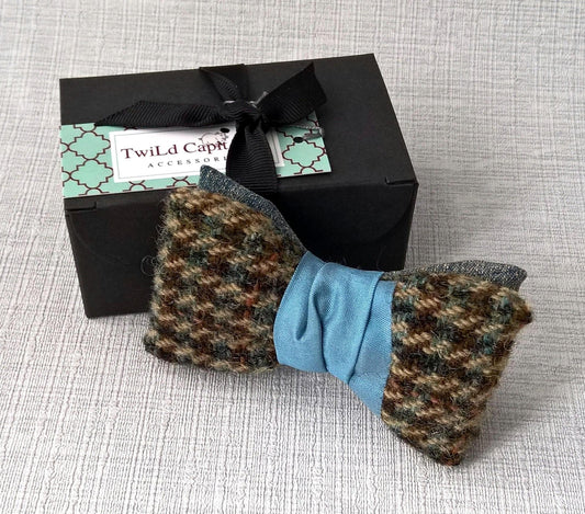 Asymmetrical Clip On Bowtie in Blue Wool Silk, Mens Retro 1950s Style Fashion