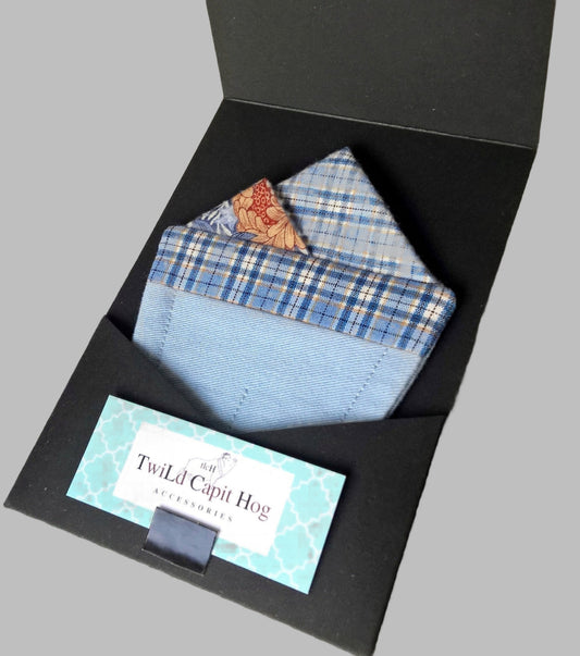 Pre Folded Pocket Square blue check with vintage floral