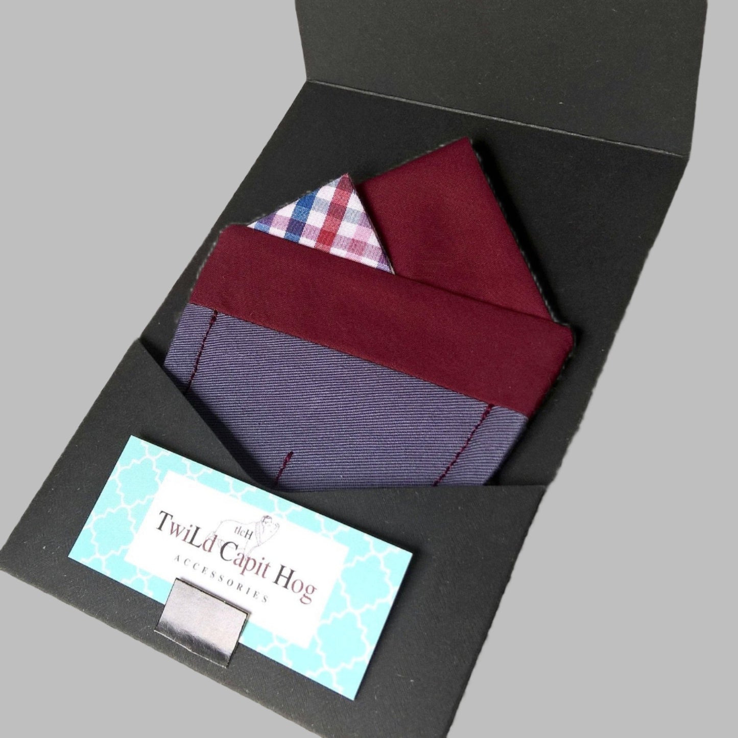 Pre Folded Pocket Square burgundy and gingham check
