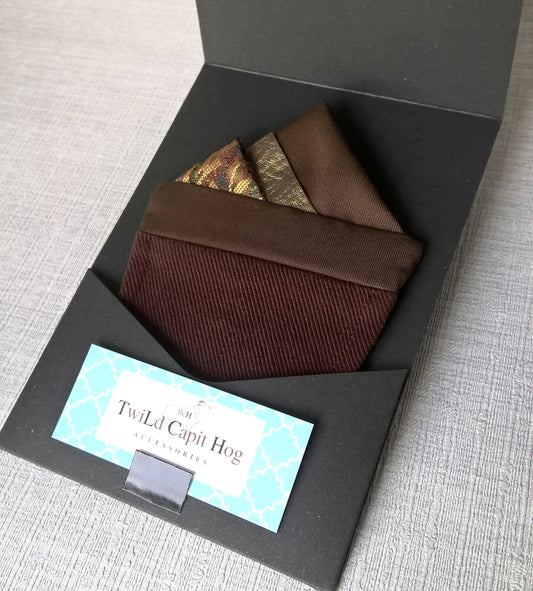 Brown and Gold Pre Folded Pocket Square, Mens Wedding Suit Handkerchief