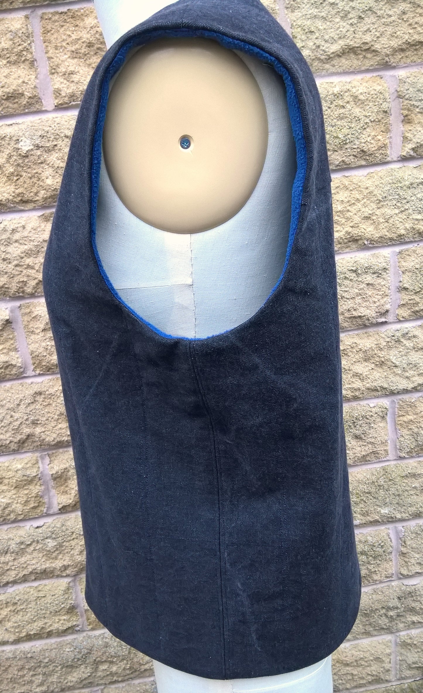 Quilted Gilet in Black denim with blue fleece lining