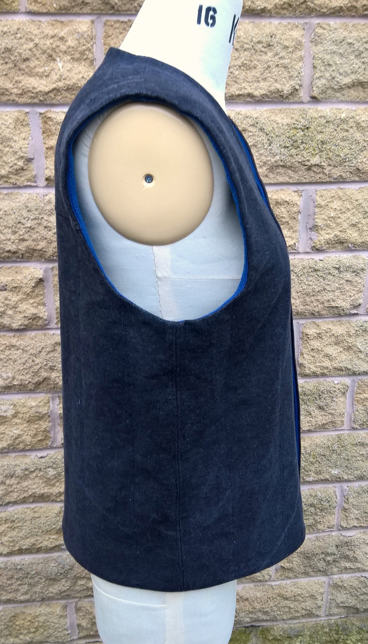 Quilted Gilet in Black denim with blue fleece lining