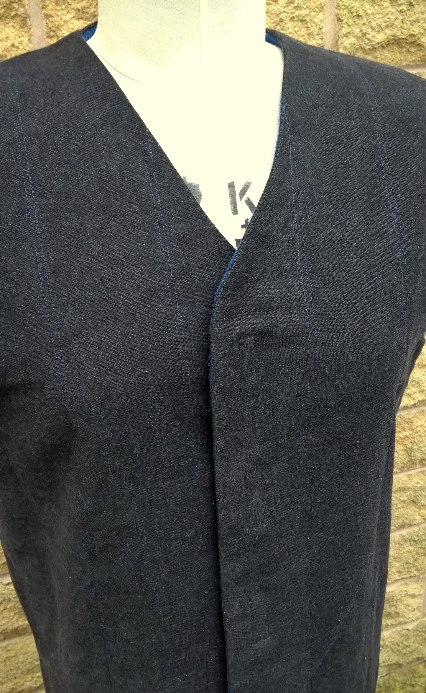 Quilted Gilet in Black denim with blue fleece lining